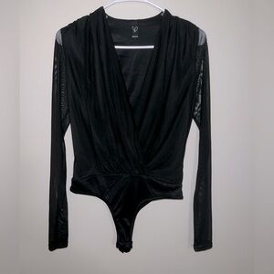 Black layered bodysuit with sheer sleeves